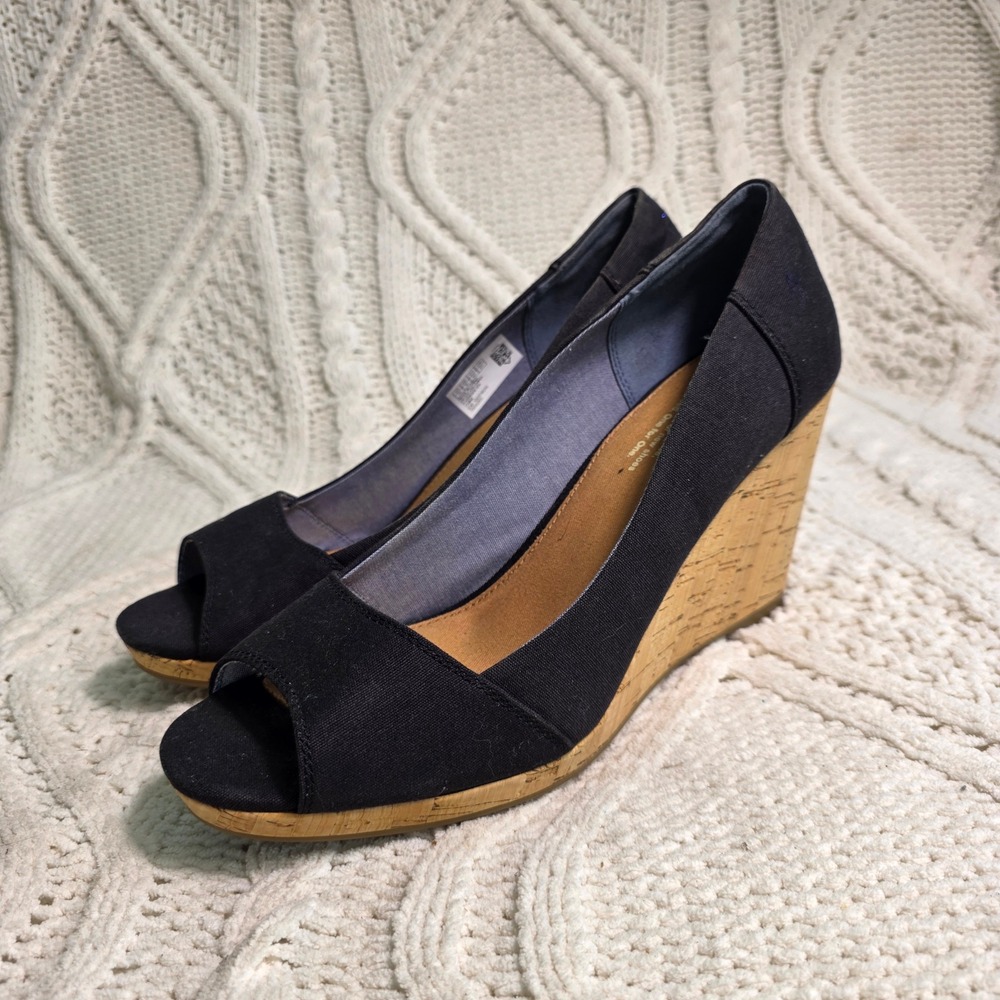 TOMS Canvas Peep Toe Cork Wedge Heels Sandals Black Womens 10 Excellent